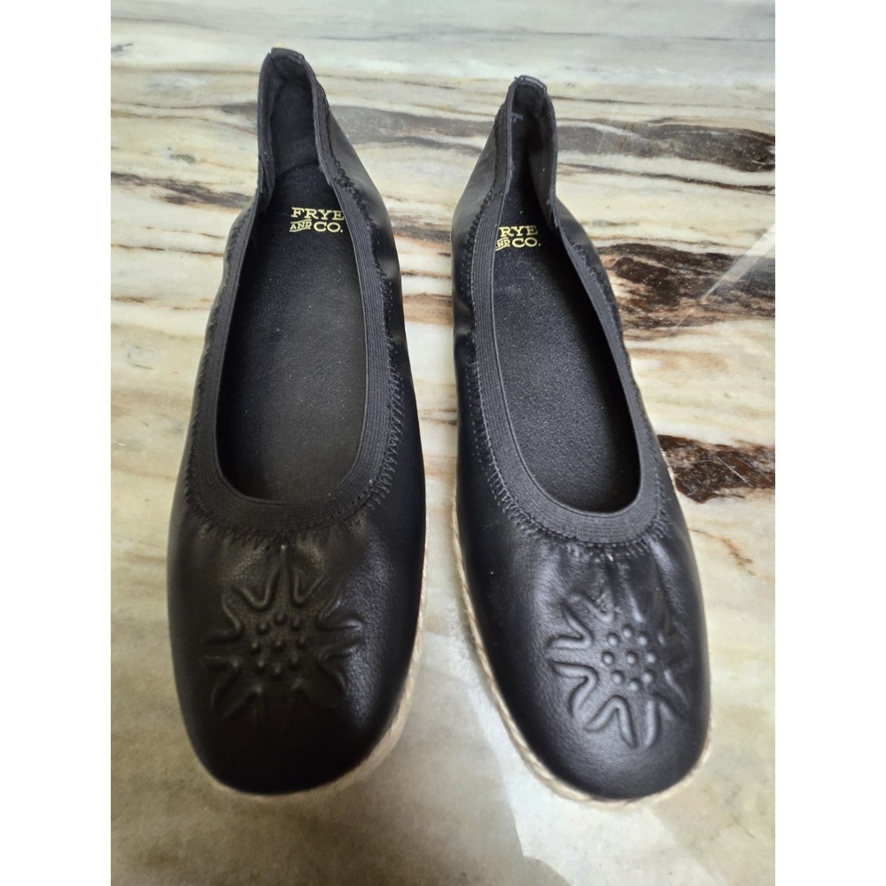 Frye Womens Willow Ballet Flats Black Leather Espadrille Slip On Womens 6.5
